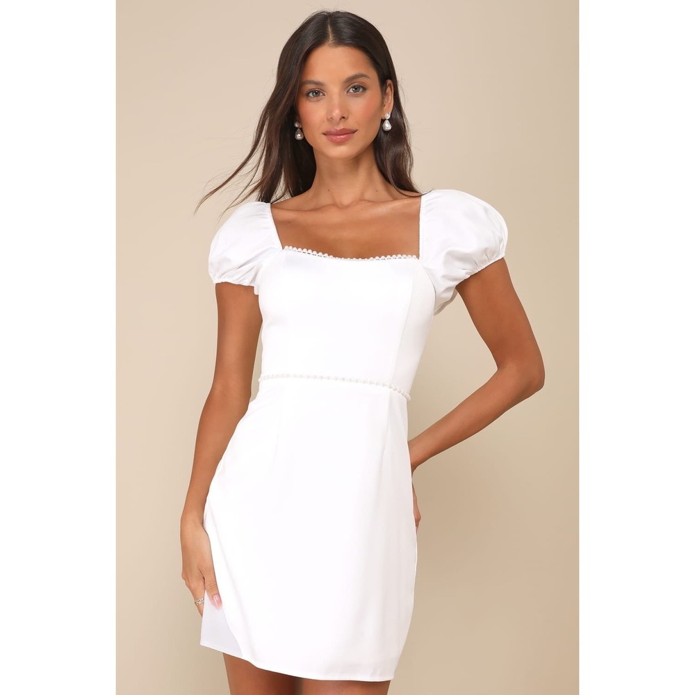 Lulus White Satin Pearl Trim Mini Dress Puff Sleeve Bridal NWT Size L